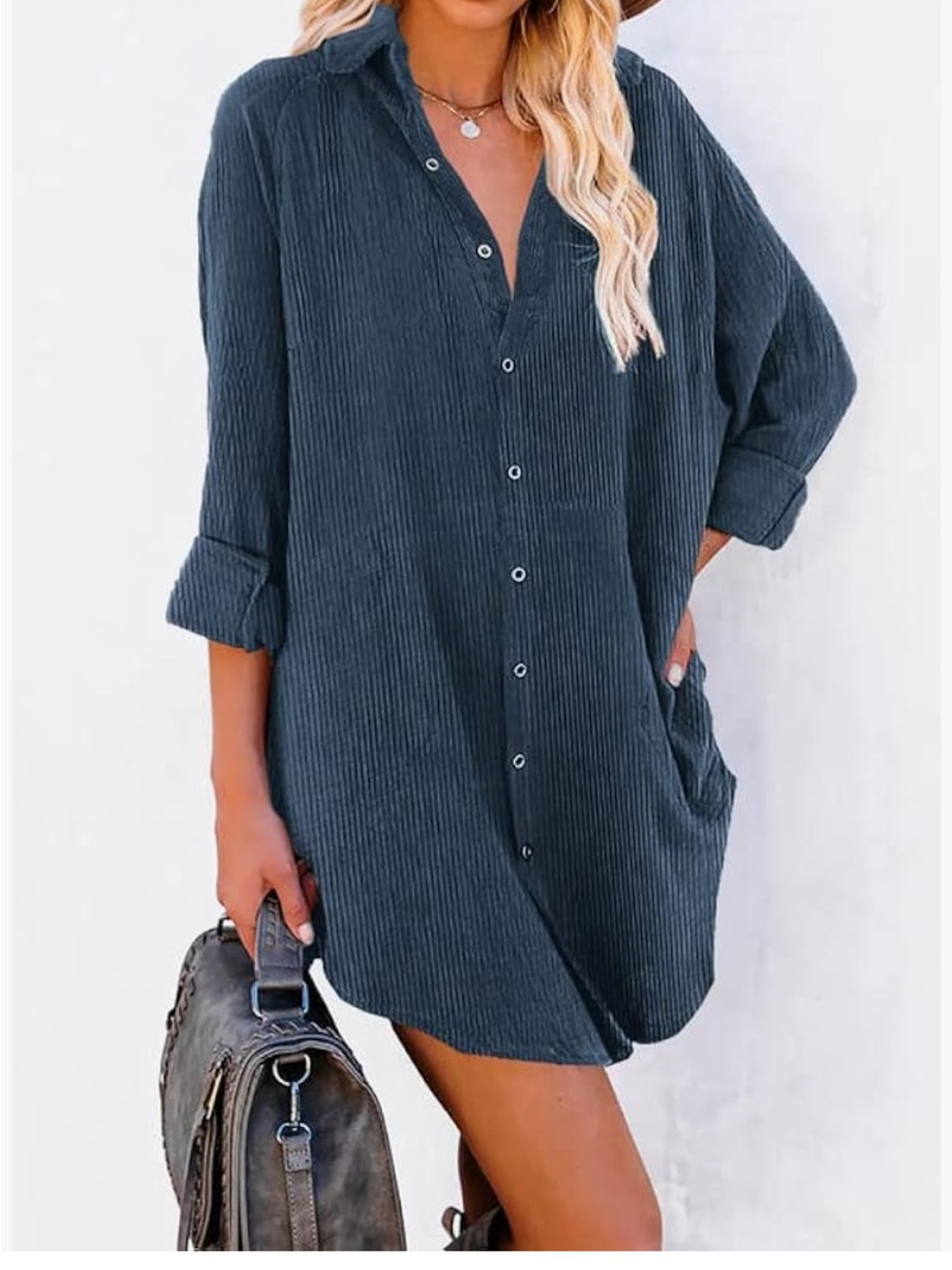 Dokotoo women’s Corduroy long sleeve Shirt tunic dress with pockets - blue 2X